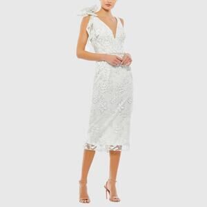 Mac Duggal White Floral Embellished V-neck Midi Dress with Shoulder Bow Sz 14